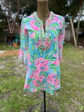 Lilly Pulitzer Pink & Blue Floral Tunic with Embellished Neckline
